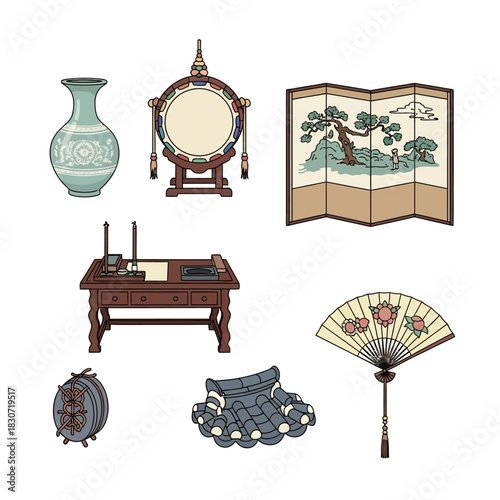 Elegant assortment of vintage asian cultural decorative objects and artifacts illustration