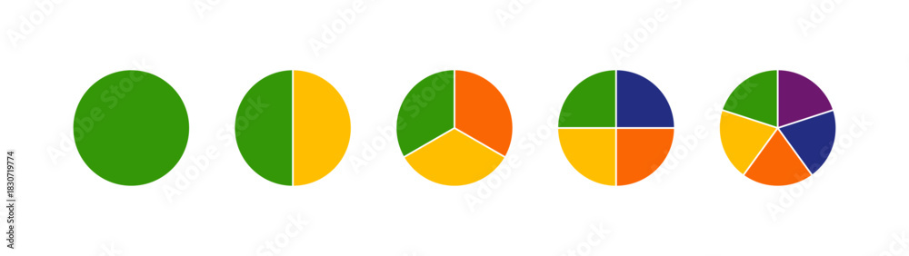 Fototapeta premium Multicoloured diagrams infographic. Circle section graph. Wheels divided in sections. Multicolored pizza charts, pies segmented on from 1 to 5 equal parts. Loading bar mockup. Pie, pizza chart layout.