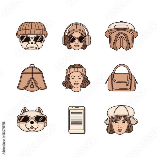 Assorted collection of fashion-forward portraits and accessories with a modern aesthetic