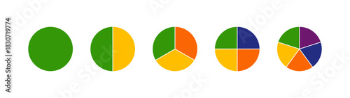 Multicoloured diagrams infographic. Circle section graph. Wheels divided in sections. Multicolored pizza charts, pies segmented on from 1 to 5 equal parts. Loading bar mockup. Pie, pizza chart layout.