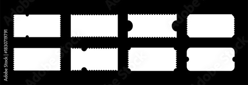 Admit tickets mockups on black background. Pattern of ticket for cinema, festival, casino, circus, theater, club. Empty flat templates. Simple boarding blank, lottery, minimalist sale coupons. 