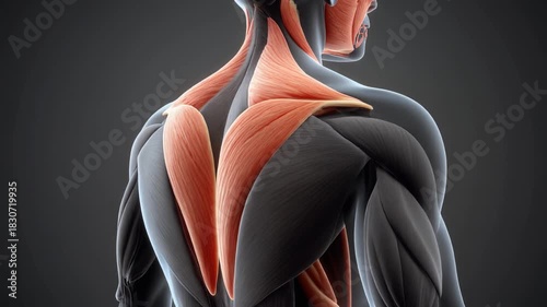 Human Trapezius Muscle Anatomy 3D Medical Illustration Back View