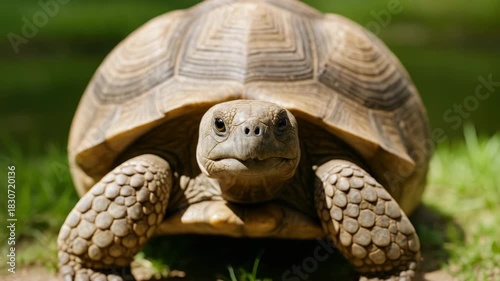 Close-up of a tortoise moving slowly across green grass in natural lighting showcasing detailed shell texture expressions and clarity throughout the video sequence.
