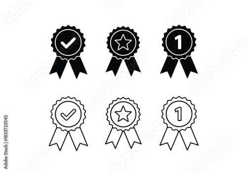 Vector illustration of set of six award ribbon icons representing first place, checkmark, and star achievement symbols
