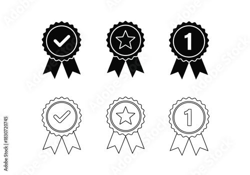 Vector illustration of set of six award ribbon icons featuring checkmark, star, and number one symbols in solid and outline styles