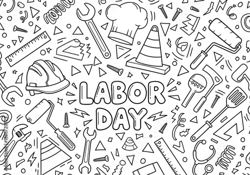 Vector illustration of hand drawn doodle pattern for labor day celebration with various construction tool icons and lettering, coloring page