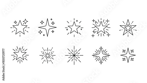 Vector illustration of set of ten different hand drawn star sparkle and shine icons in black outline style