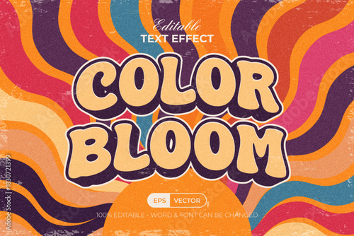 Retro Text Effect 3D Color Bloom Style. Editable Text Effect Groovy With Psychedelic Burst Background.