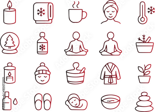 Calm winter wellness and self care icon set featuring line art symbols for relaxation, spa treatment, meditation, and cozy seasonal activity