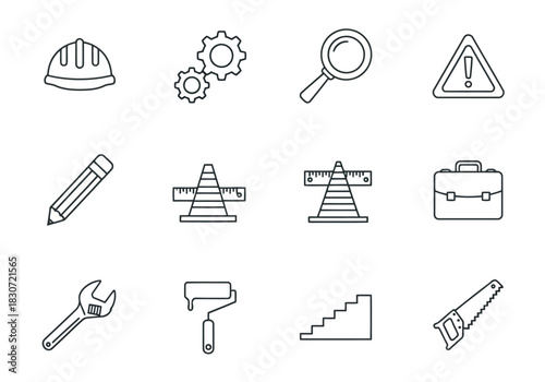 Vector illustration of set of twelve black and white line icons representing construction, engineering, and repair tools and symbols