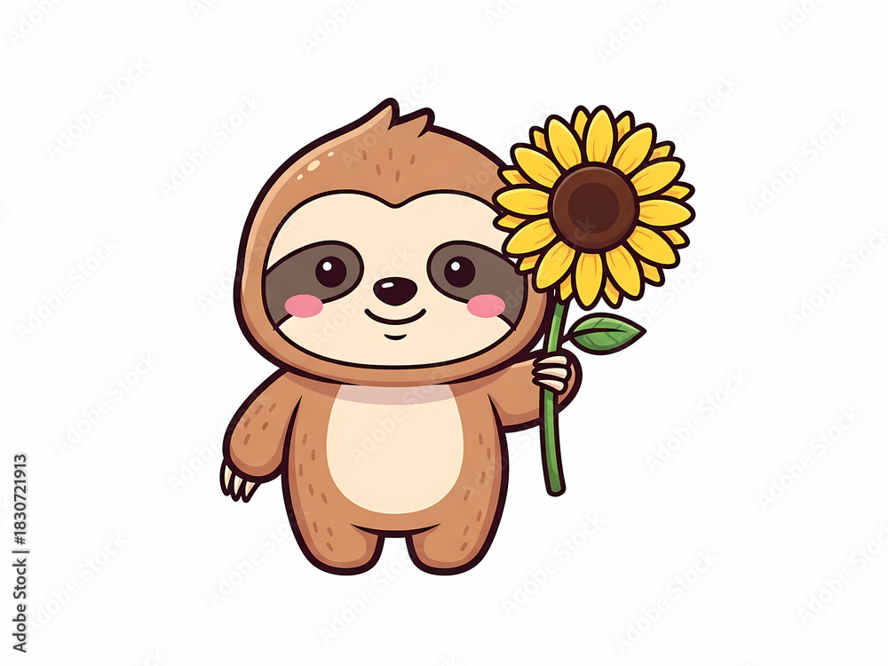 Naklejka premium Cute Sloth Vector Illustration, Holding Sunflower and Adorable Cartoon Character