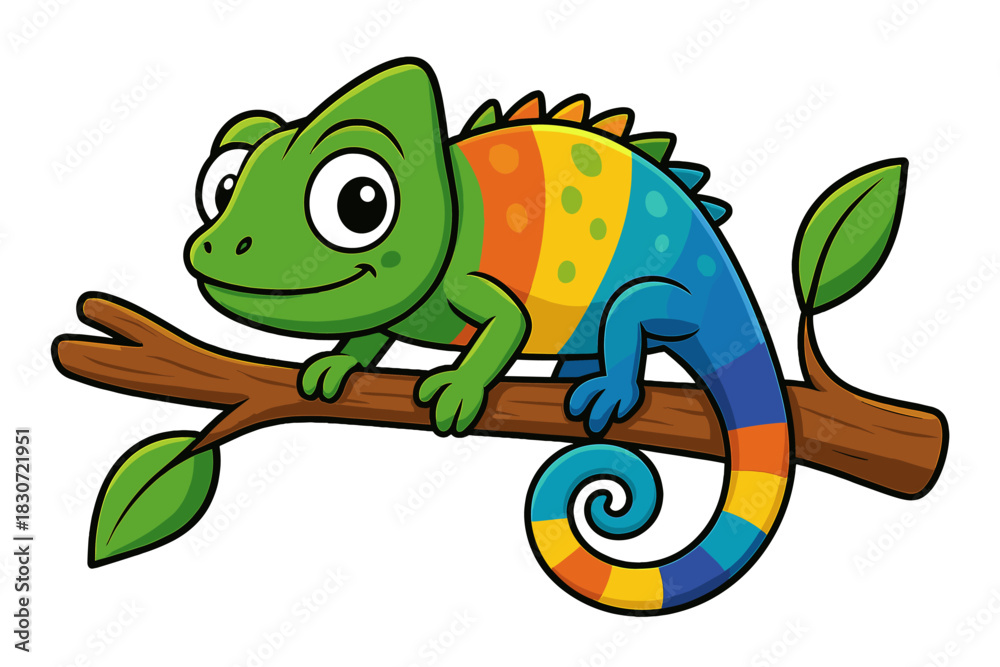 Fototapeta premium Colorful cartoon chameleon character sitting on a tree branch with leaves and a curled tail