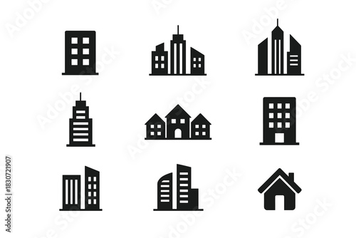 Modern skyscrapers, residential buildings, and simple houses architectural icons