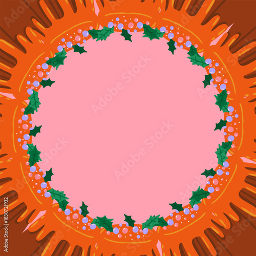 Frame of Christmas puddings with icing and decorations circular arrangement festive background. Copy space
