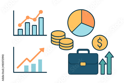 Business and finance icons set showing data analysis charts, money, growth, and a briefcase
