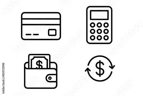 Essential financial and banking line icons set including credit card, calculator, wallet, cash, and money exchange symbol