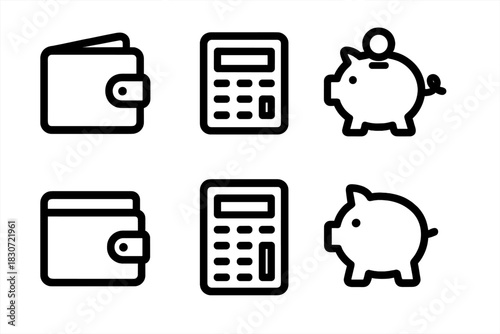 Set of outline icons for personal finance, money management, budgeting, saving, wallet, calculator, and piggy bank