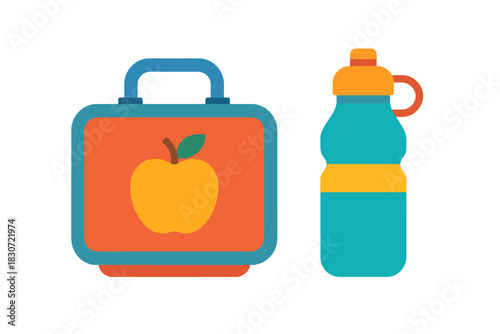 Brightly colored lunch box and reusable water bottle isolated on white background