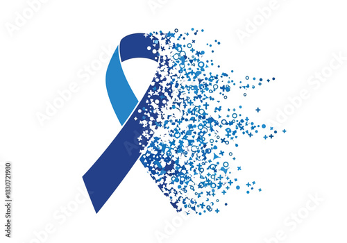 Vector illustration of blue awareness ribbon dissolving into small particles symbolizing loss, grief, or a medical condition