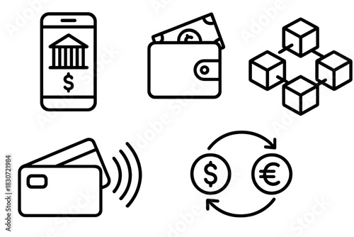 Finance and banking icons set featuring mobile payment, blockchain, contactless card, and currency exchange symbols