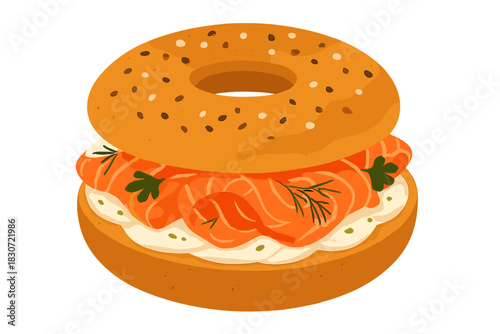 Sesame bagel sandwich filled with smoked salmon, cream cheese, and fresh dill