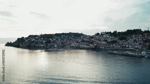 Beautiful coastline of Ohrid and the view of the lake with water transport, 4k