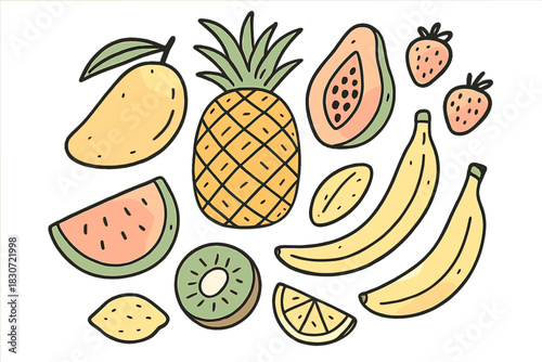 Hand drawn tropical and summer fruits collection with watercolor texture