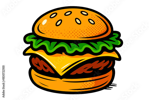 Cartoon cheeseburger with sesame bun, lettuce, and cheese isolated on white