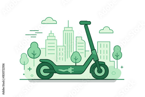 Electric scooter parked in a modern green city environment promoting sustainable urban mobility