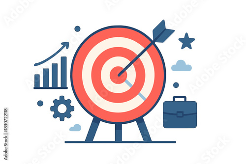 Arrow hitting business target surrounded by growth charts and corporate icons symbolizing success and strategy