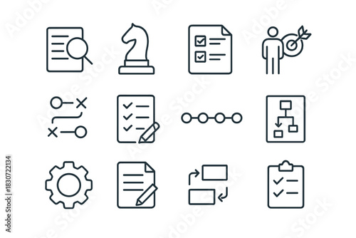 Collection of business strategy, planning, and management line icons for corporate success and goal achievement