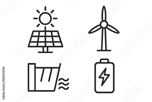 Clean energy sources set showing solar, wind, hydro power, and electric battery storage
