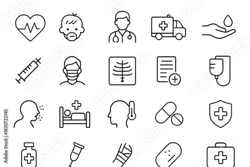 Minimalist symbols for medical treatment, emergency care, and patient health concepts