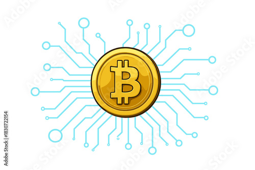 Golden cryptocurrency coin featuring the Bitcoin symbol and digital circuit lines