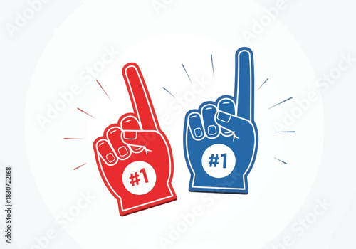 Vector illustration of two foam fingers, one red and one blue, both showing the number one sign, symbolizing competition and victory