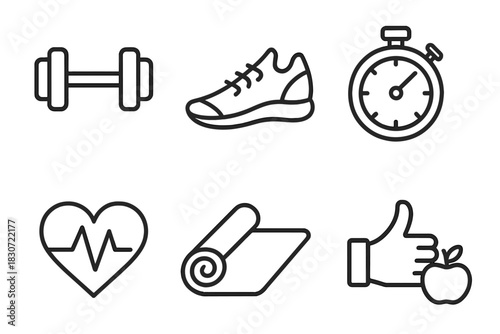 Outline graphics showing fitness, gym equipment, exercise, health, and wellness activities