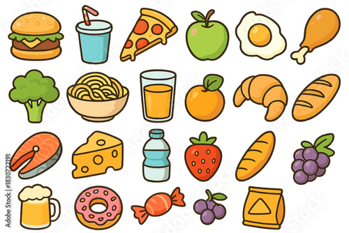 Set of colorful cartoon food and drink icons including fruits, vegetables, and fast food