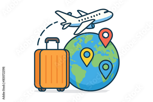 Global travel concept showing an airplane flying over the Earth with suitcase and destination markers
