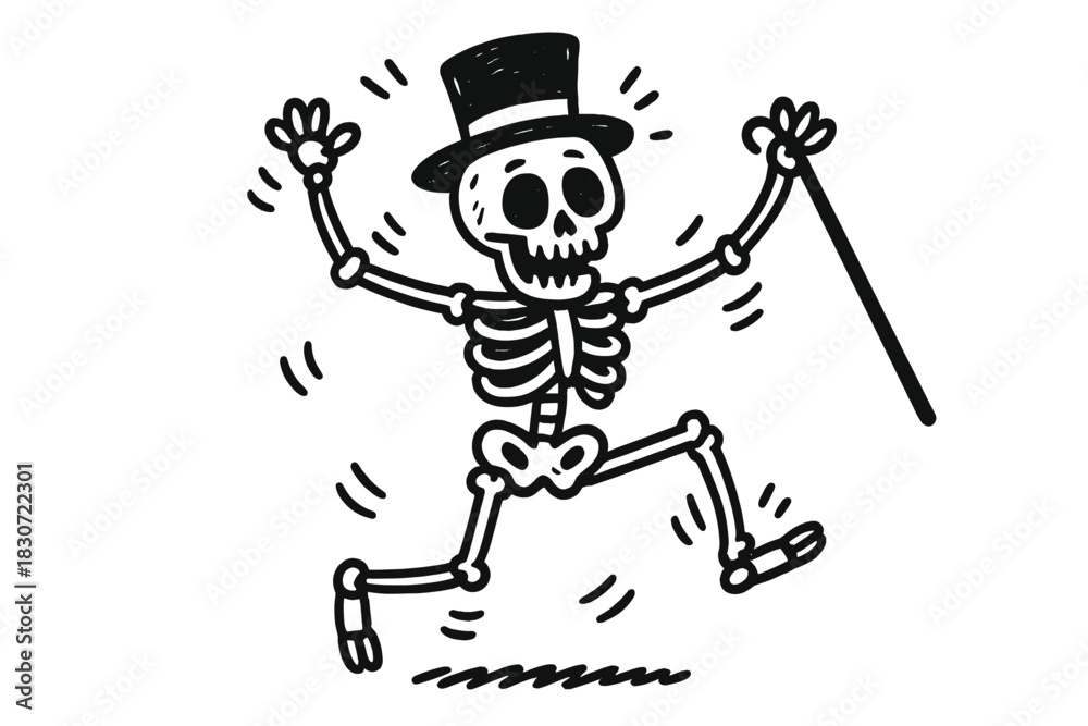 Obraz premium Playful cartoon skeleton wearing a top hat and dancing energetically with a walking cane