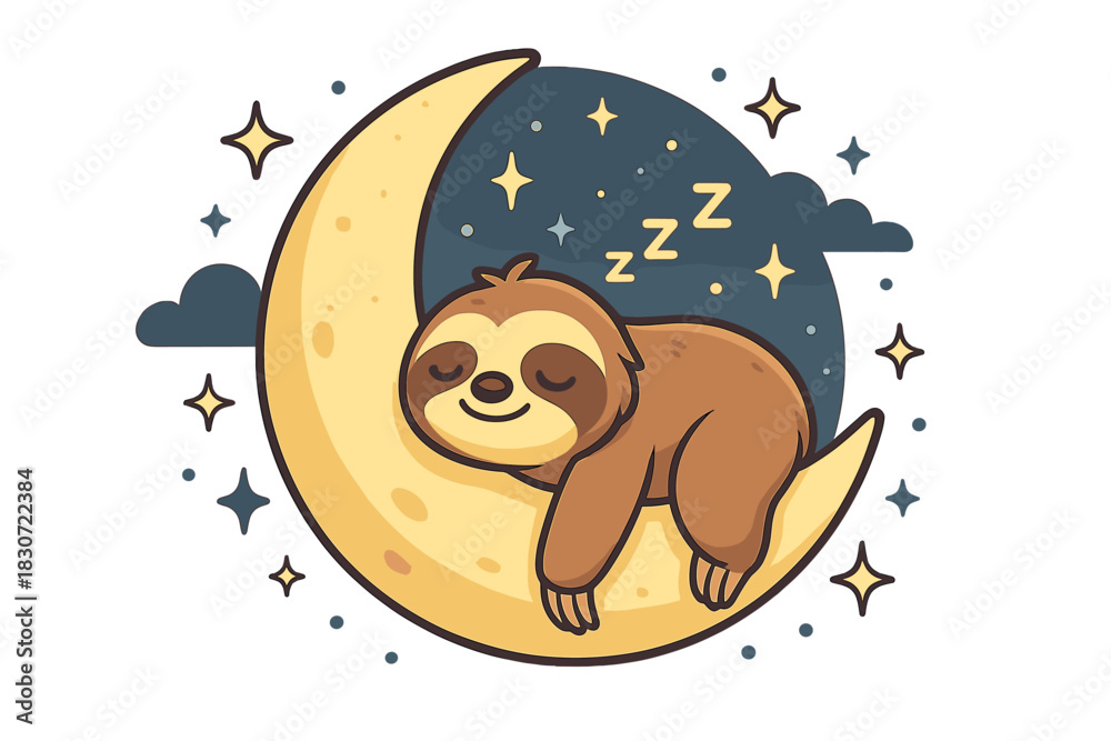 Obraz premium Cute cartoon sloth sleeping soundly on a bright yellow crescent moon under a dark starry night