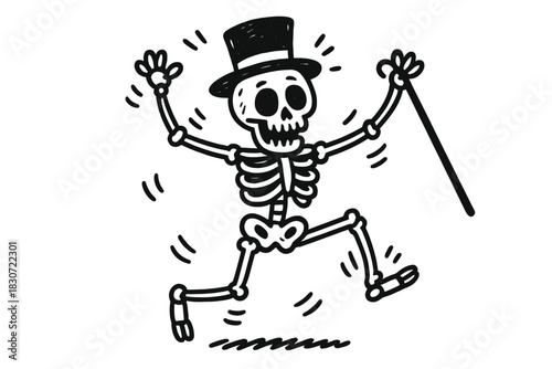 Playful cartoon skeleton wearing a top hat and dancing energetically with a walking cane