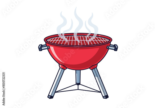 Vector illustration of cartoon illustration of a red kettle barbecue grill with smoke coming off the grate