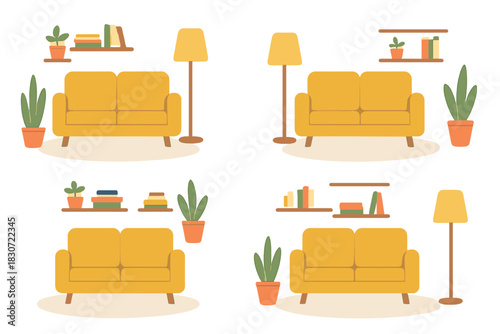 Seamless pattern of cozy living room interior with yellow sofa, floor lamp, potted plants, and books on shelves