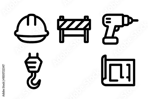 Set of outline symbols for construction safety, tools, and engineering planning