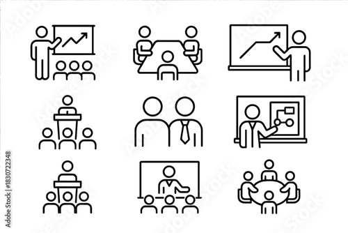 Business meeting presentation icons showing teamwork conference and corporate training