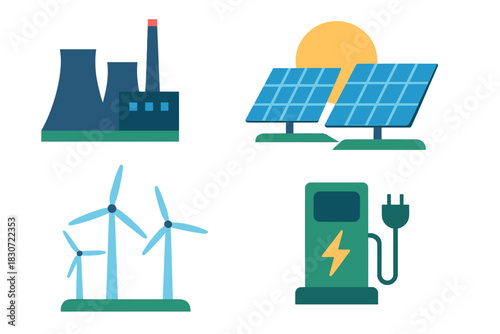 Energy sources icons: power plant, solar panels, wind turbines, and EV charging station