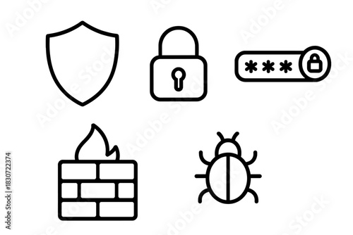 Digital security and data protection outline icons set including firewall, password, and malware