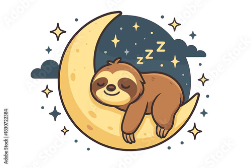 Cute cartoon sloth sleeping soundly on a bright yellow crescent moon under a dark starry night