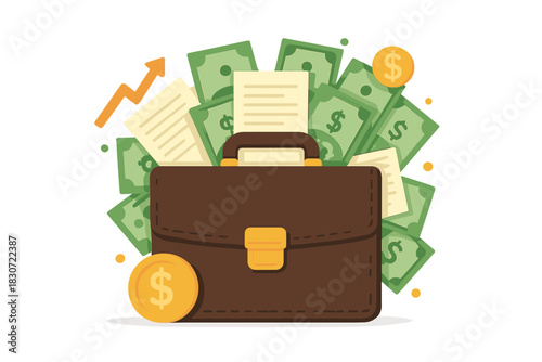 Business briefcase overflowing with cash, documents, and coins for financial success