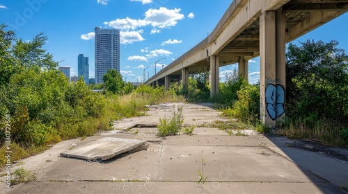 Abandoned Urban Area with Overgrown Vegetation and Concrete Pathway